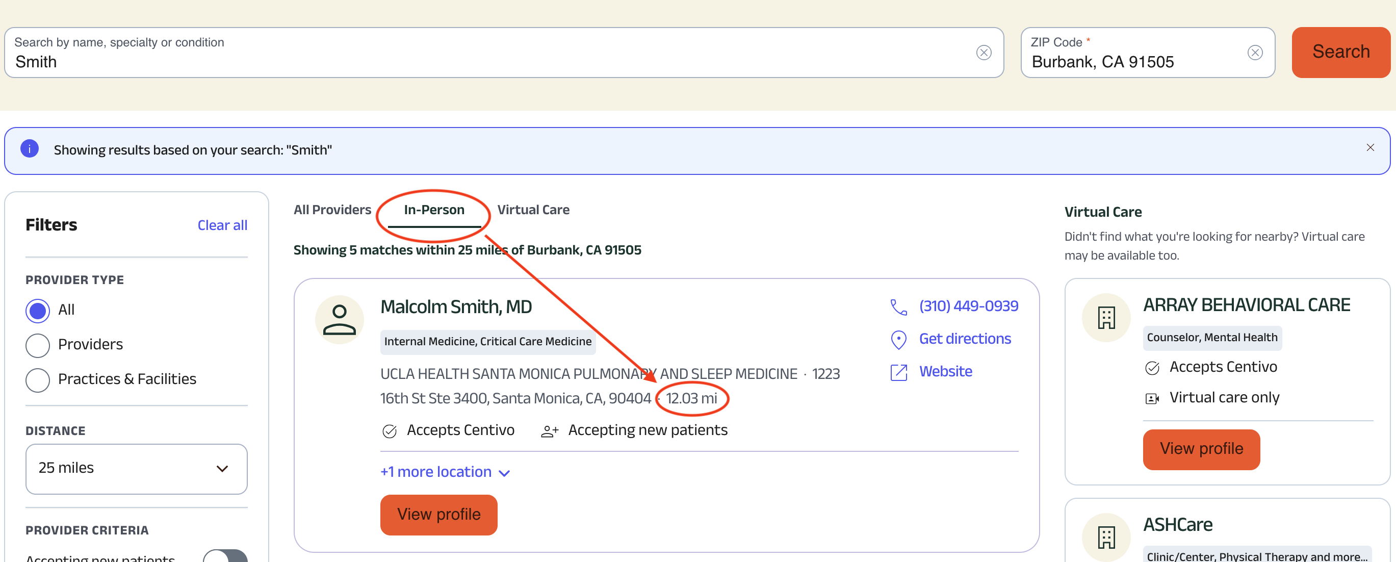 Centivo provider search results for Burbank, CA 91505 with the In-Person tab selected, and a provider listed 12.03 miles away
